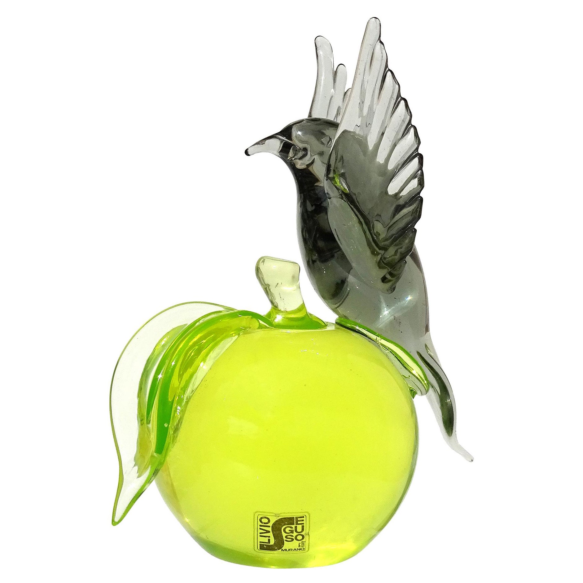 Livio Seguso Murano Sommerso Uranium Apple Gray Bird Italian Art Glass Sculpture For Sale
