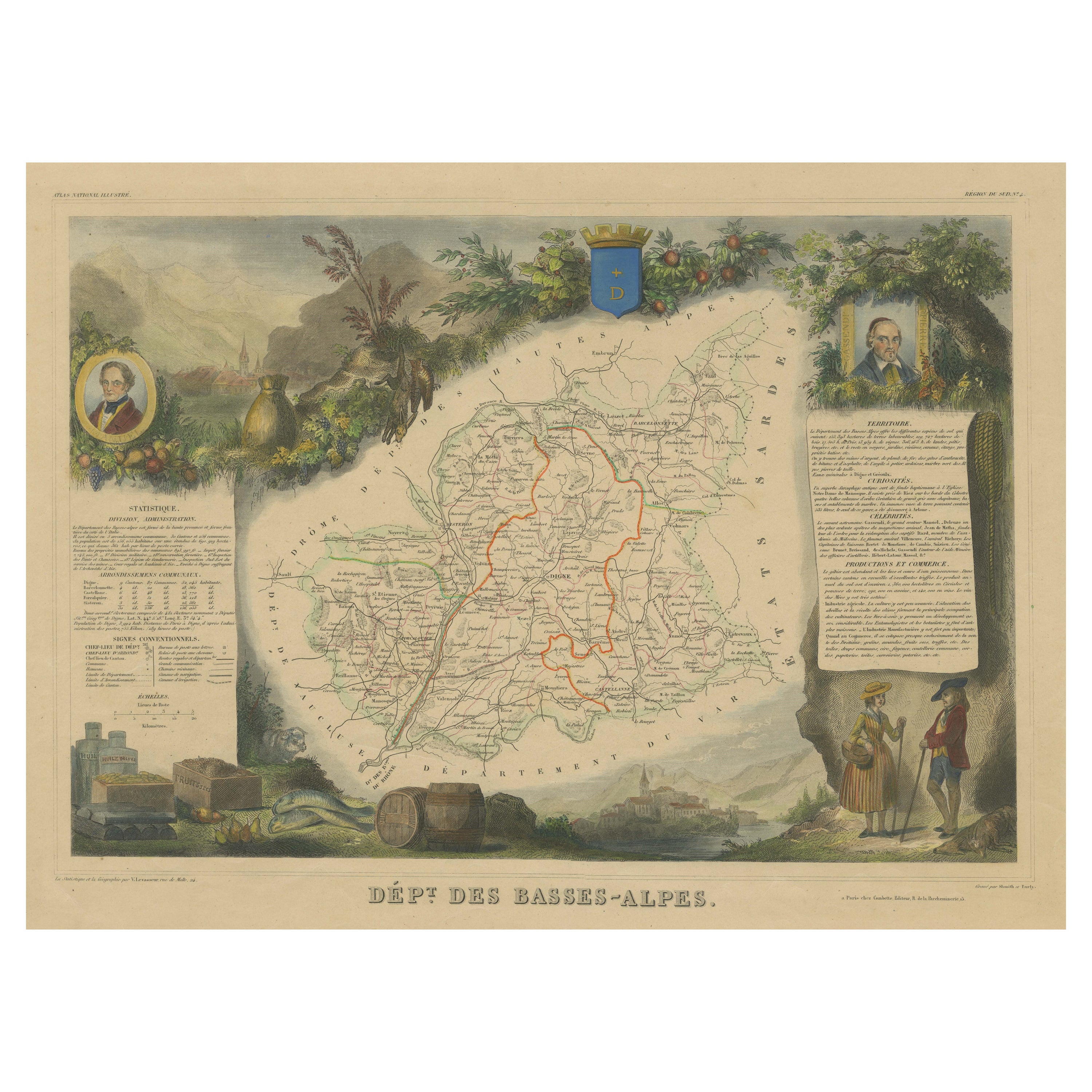 Mapa Antiguo Coloreado a Mano del Departamento de Bajos Alpes, Francia en venta