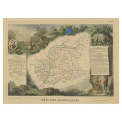 Mapa Antiguo Coloreado a Mano del Departamento de Bajos Alpes, Francia