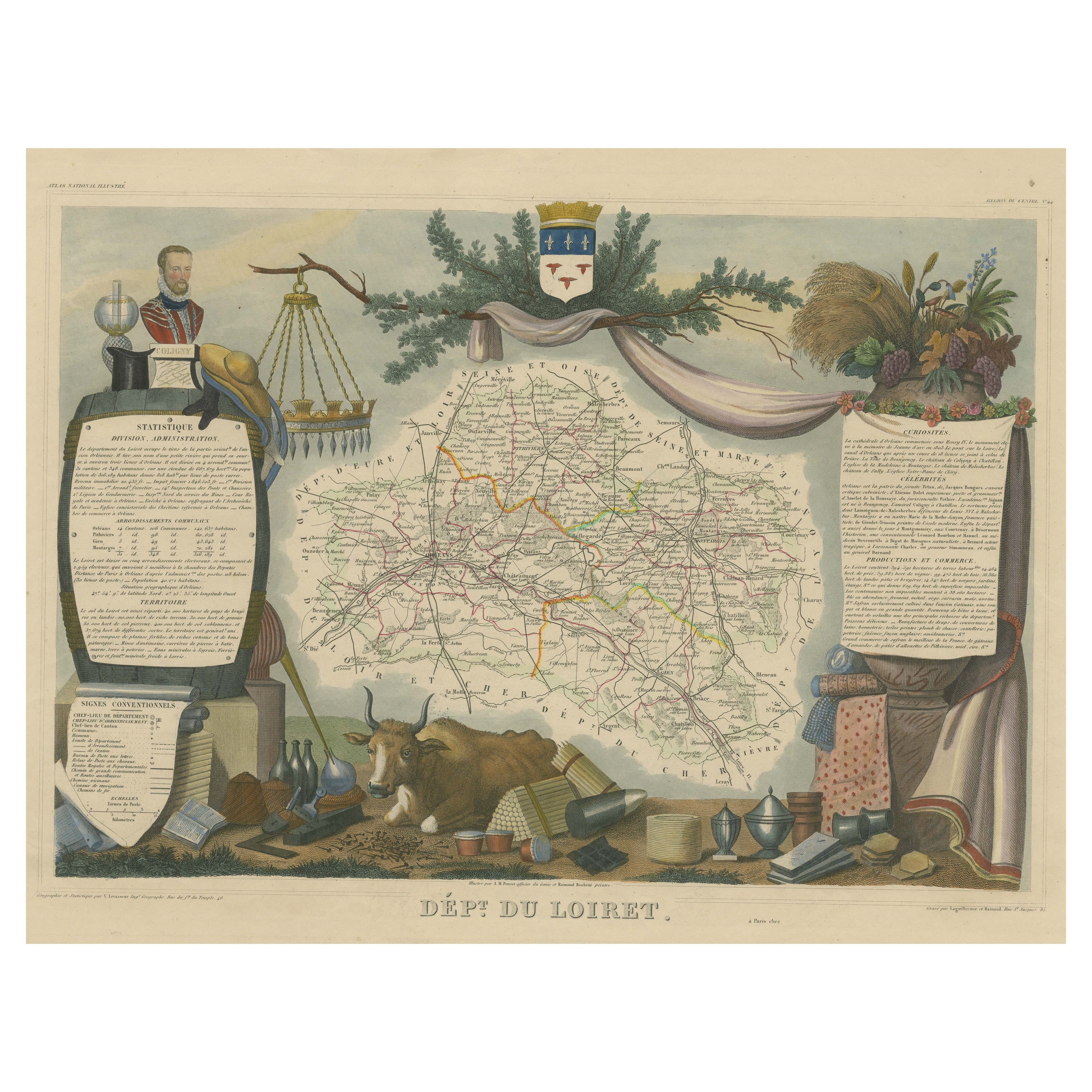 Old Map of the French Department of Loiret, France For Sale