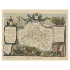 Mapa antiguo del departamento francés de Loiret, Francia