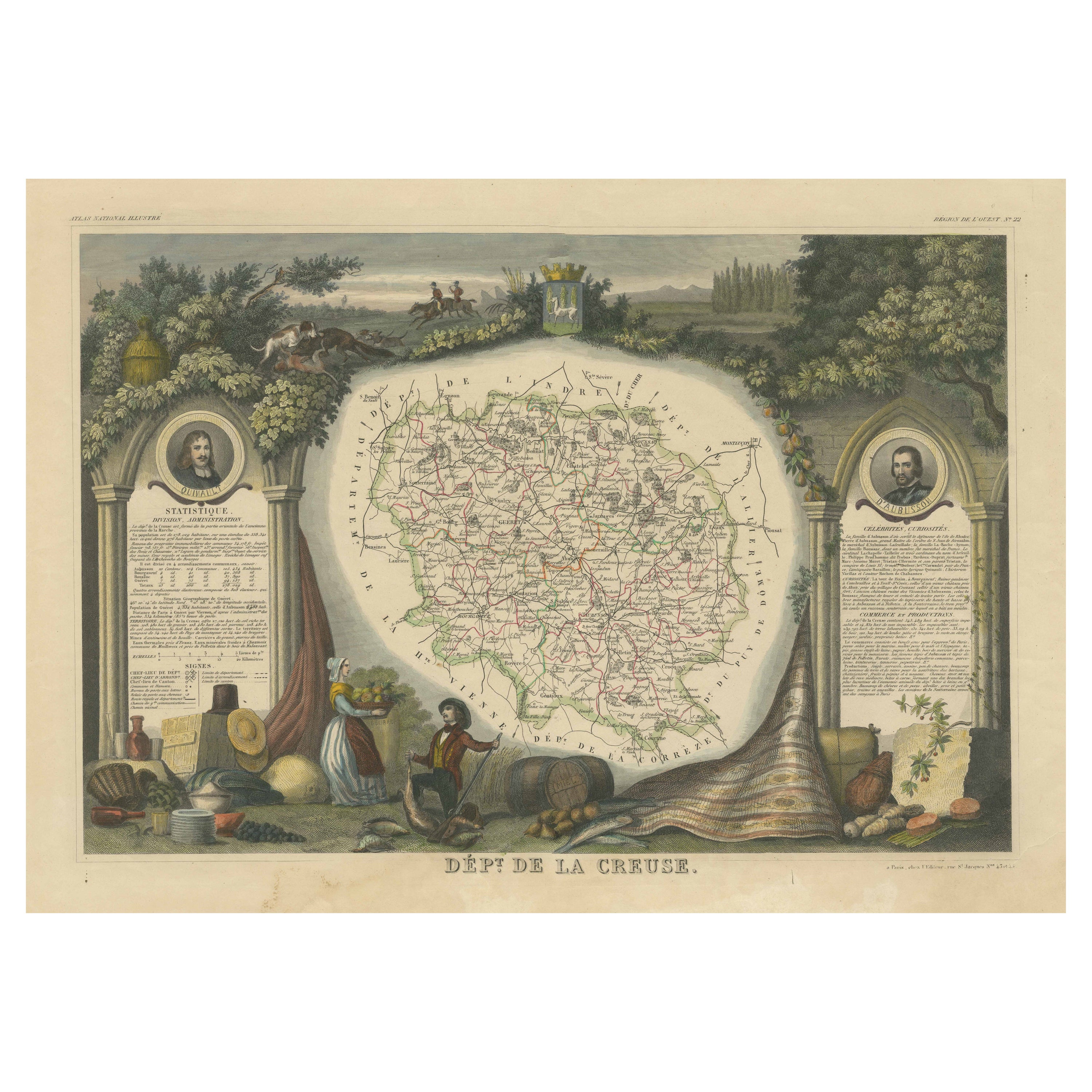 Old Map of the French department of Creuse, France For Sale