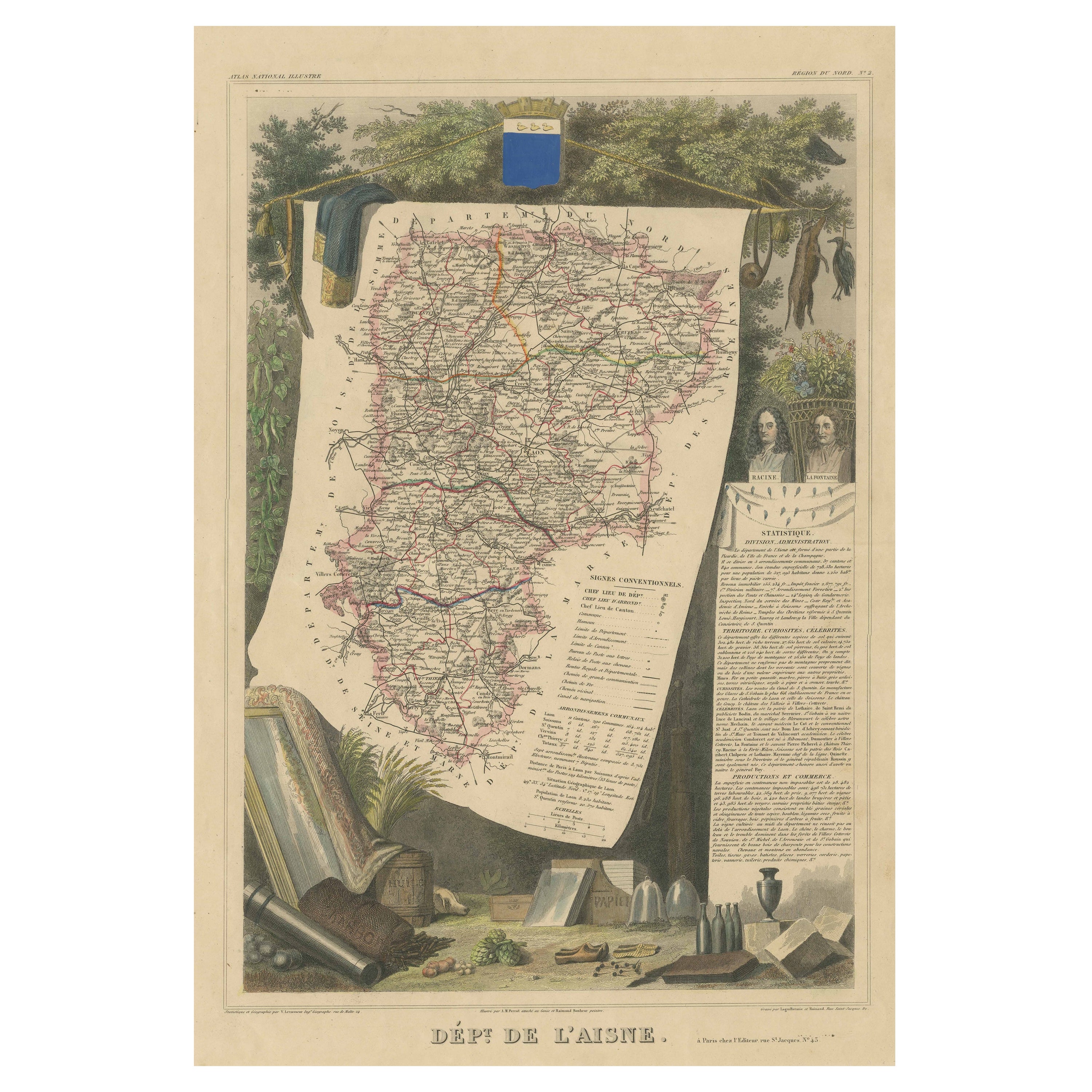 Mapa Antiguo Coloreado a Mano del Departamento de L'aisne, Francia