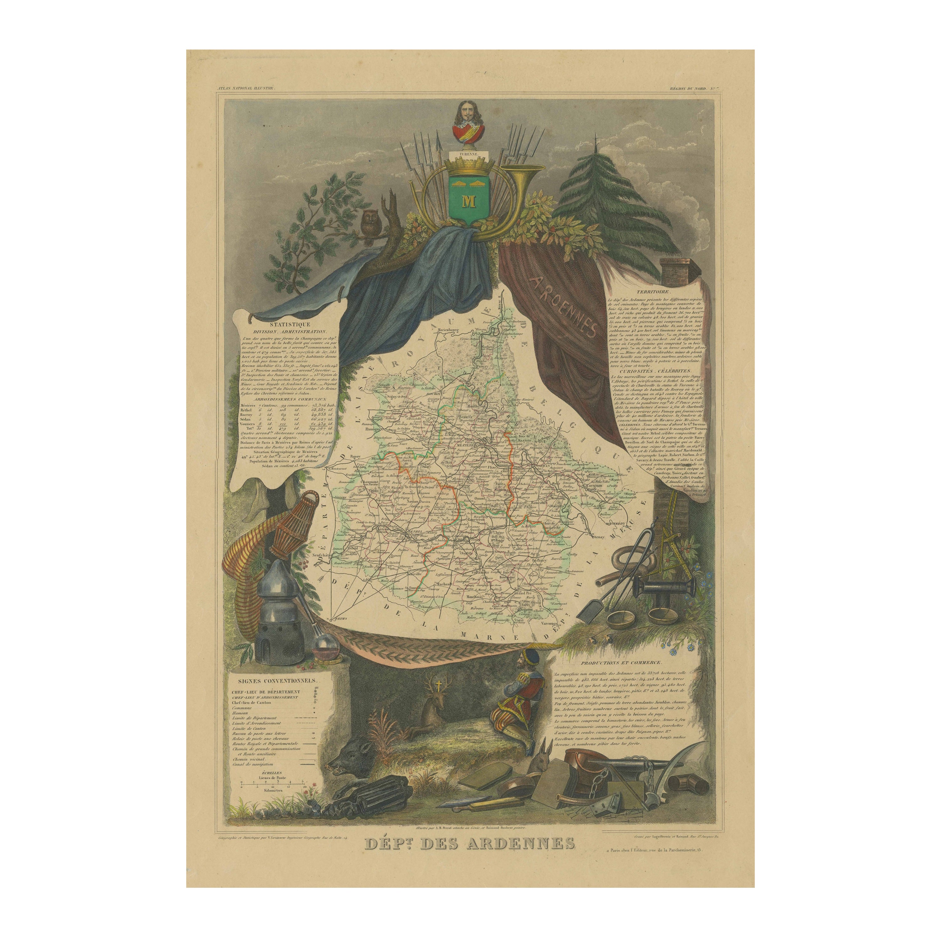 Mapa antiguo coloreado a mano del departamento de las Ardenas, Francia en venta