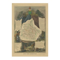 Carte ancienne colorée à la main du département d'Ardennes, France