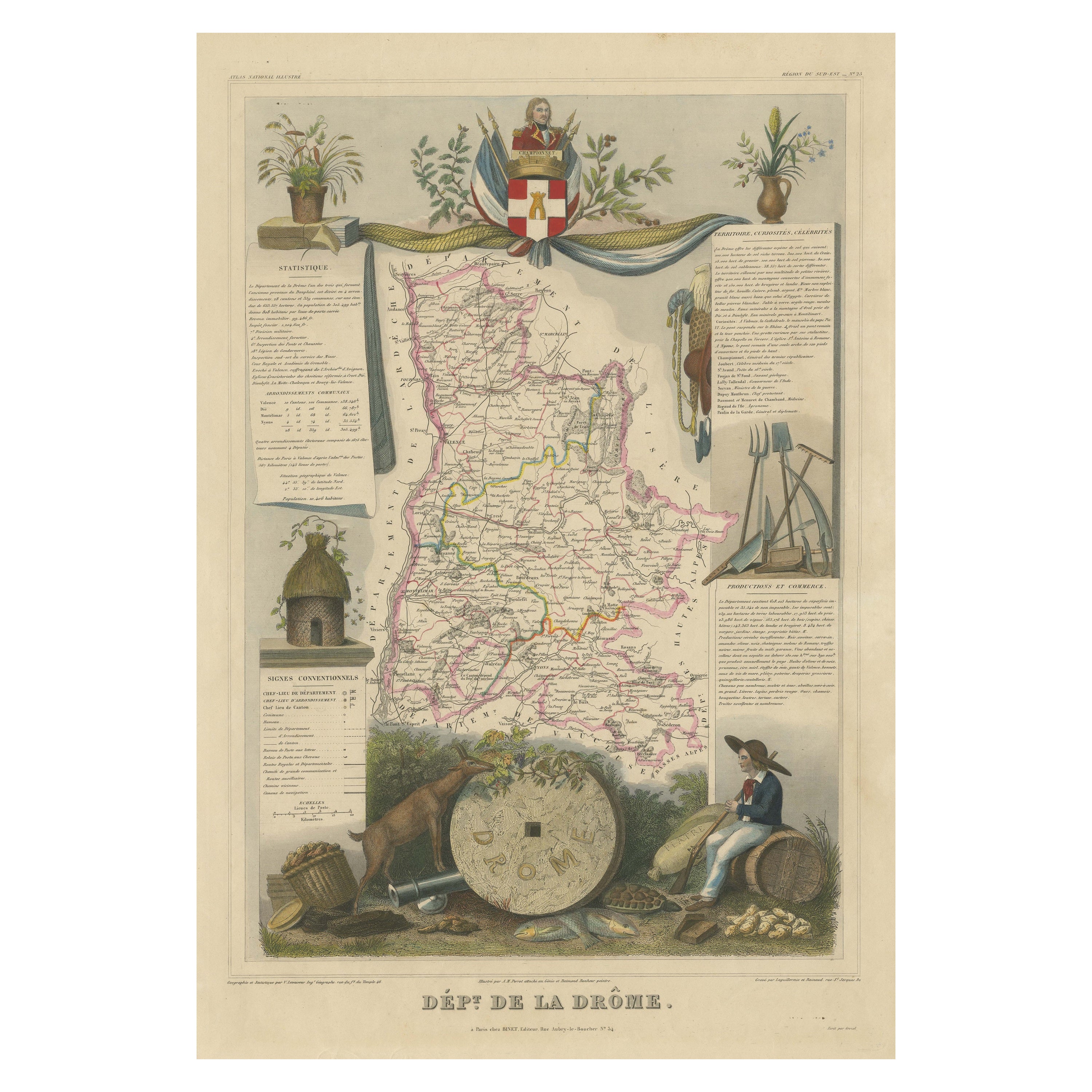 Hand Colored Antique Map of the department of Drôme, France For Sale