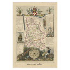 Mapa antiguo coloreado a mano del departamento de Drôme, Francia