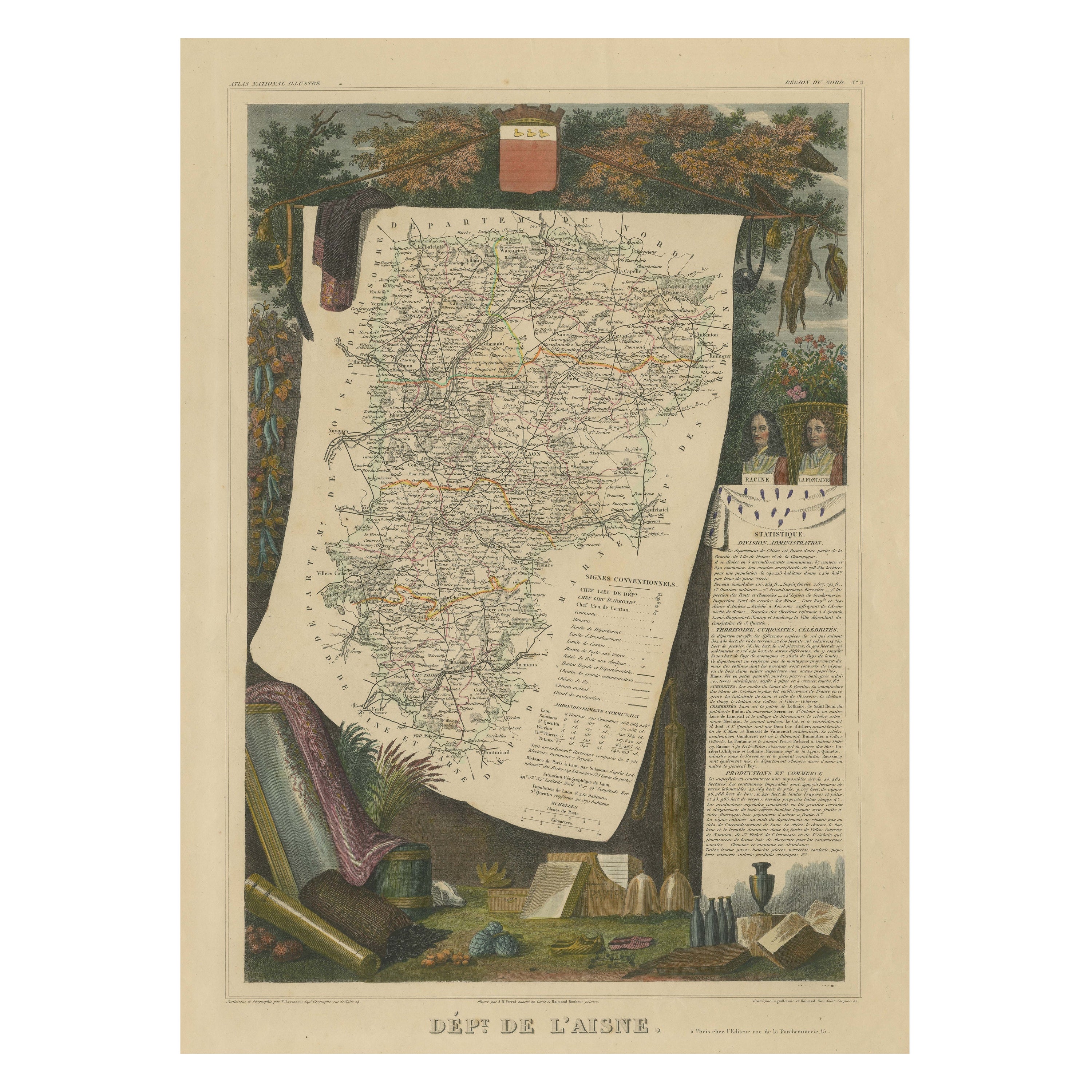 Old Map of the French department of l'Aisne, France For Sale