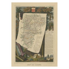 Mapa antiguo del departamento francés de l'Aisne, Francia