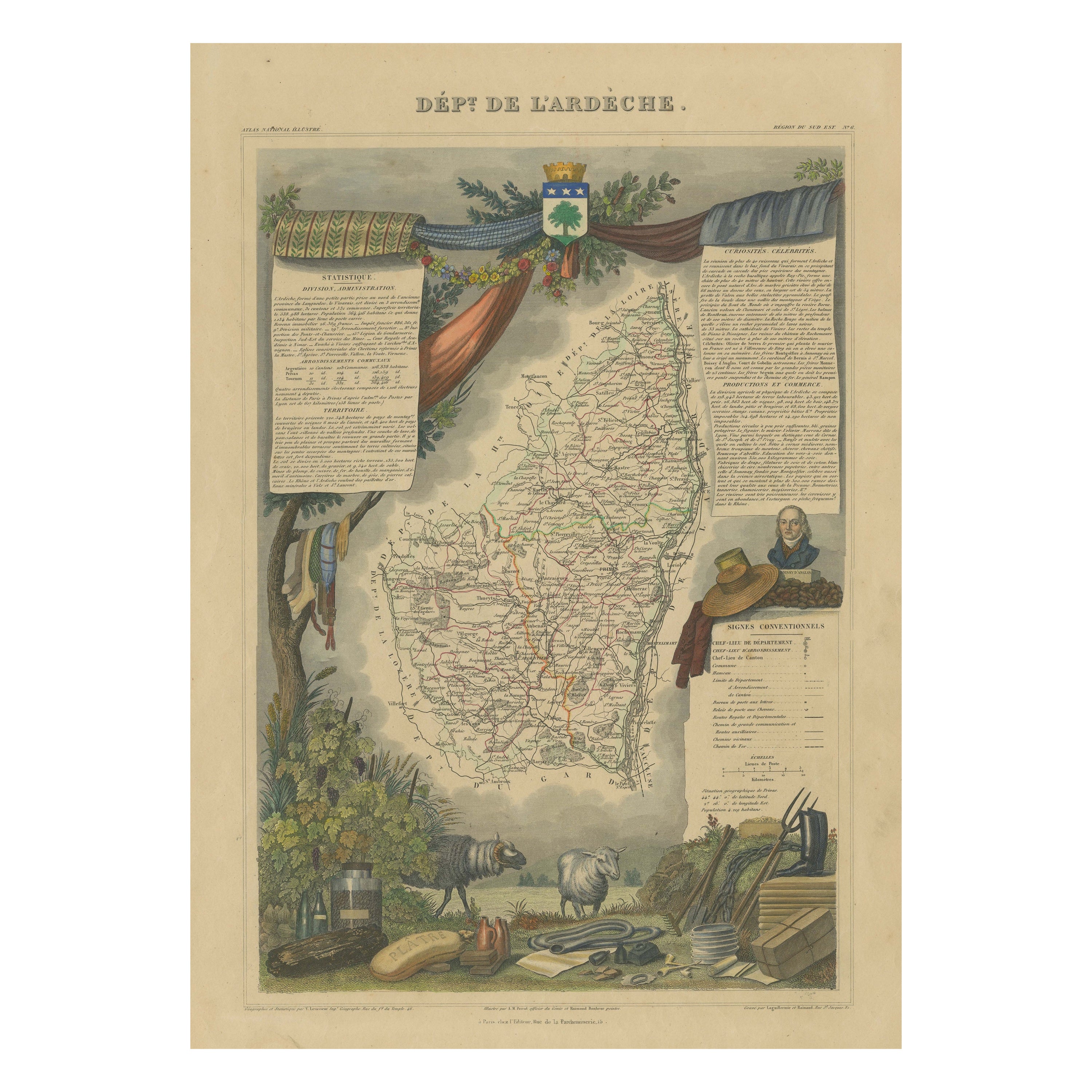 Mapa Antiguo Coloreado a Mano del Departamento de Ardèche, Francia en venta