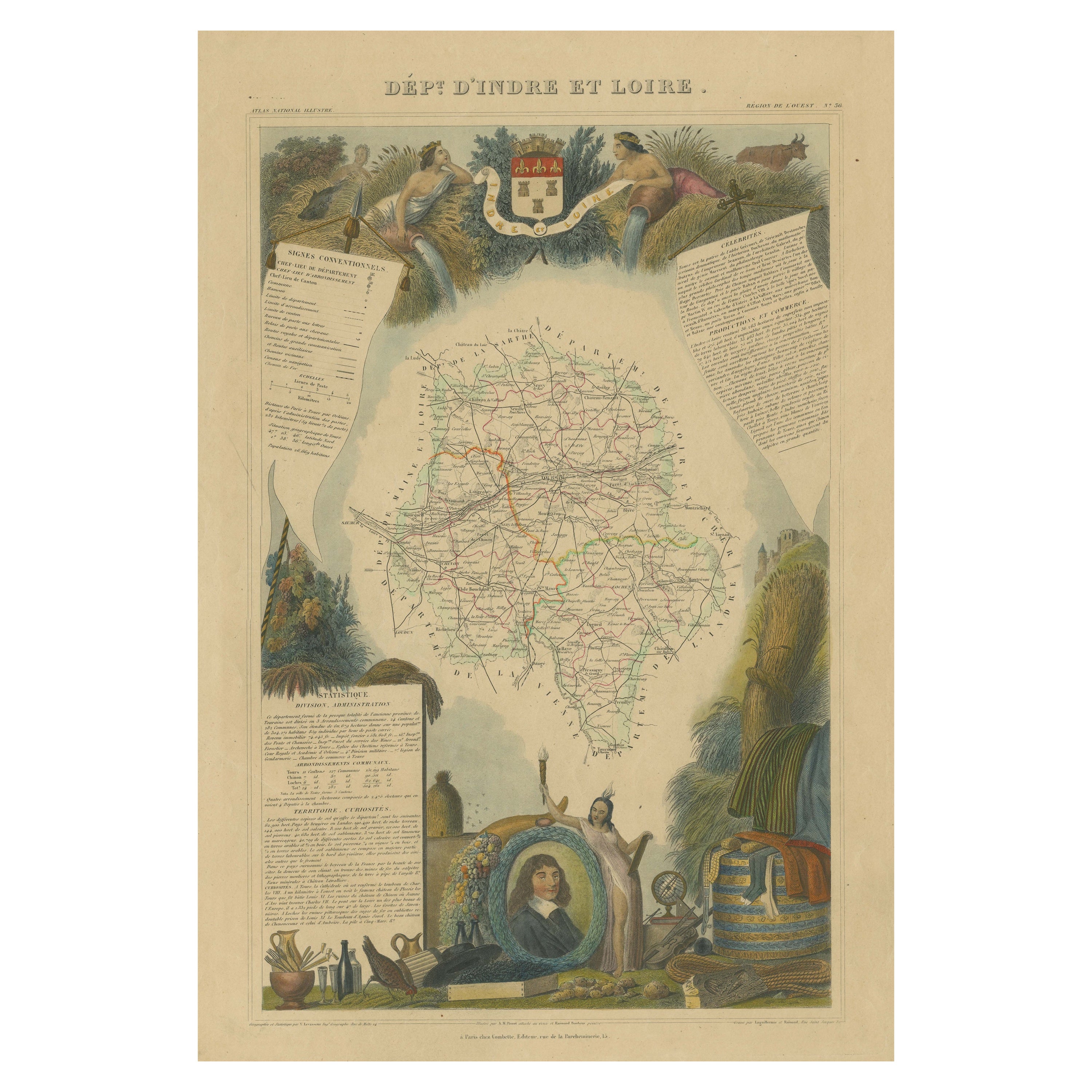 Mapa antiguo coloreado a mano del departamento de Indre y Loira, Francia