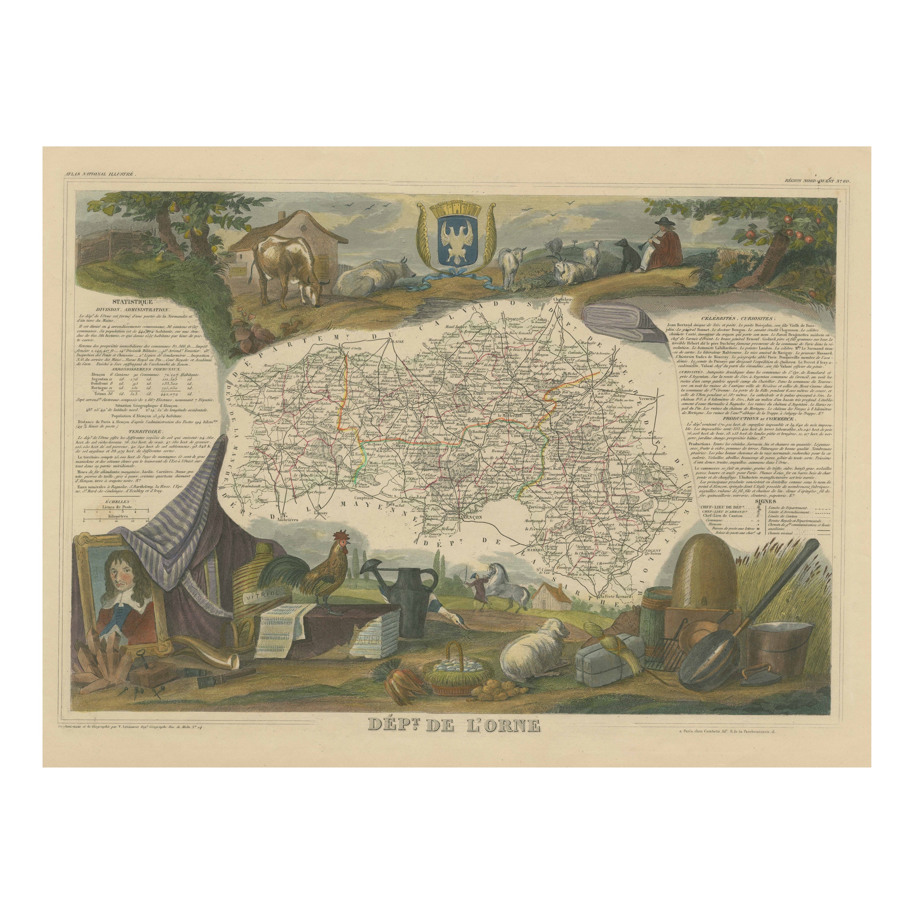 Hand Colored Antique Map of the Department of Orne, France For Sale