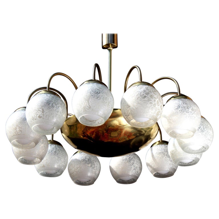 1 of 2 Unique Ballroom Chandelier brass and enameled glass, 1950s For
