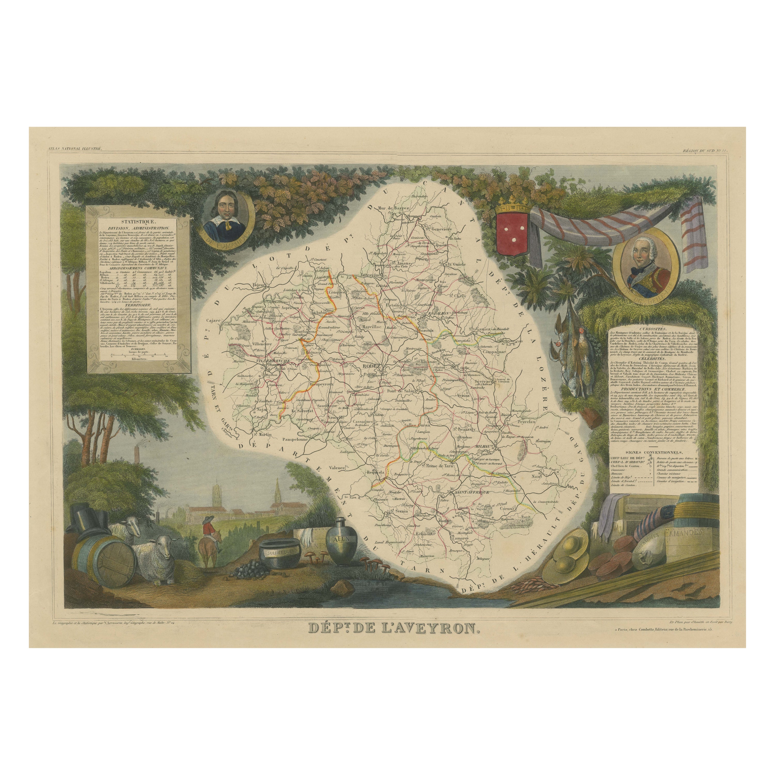 Hand Colored Antique Map of the department of Aveyron, France