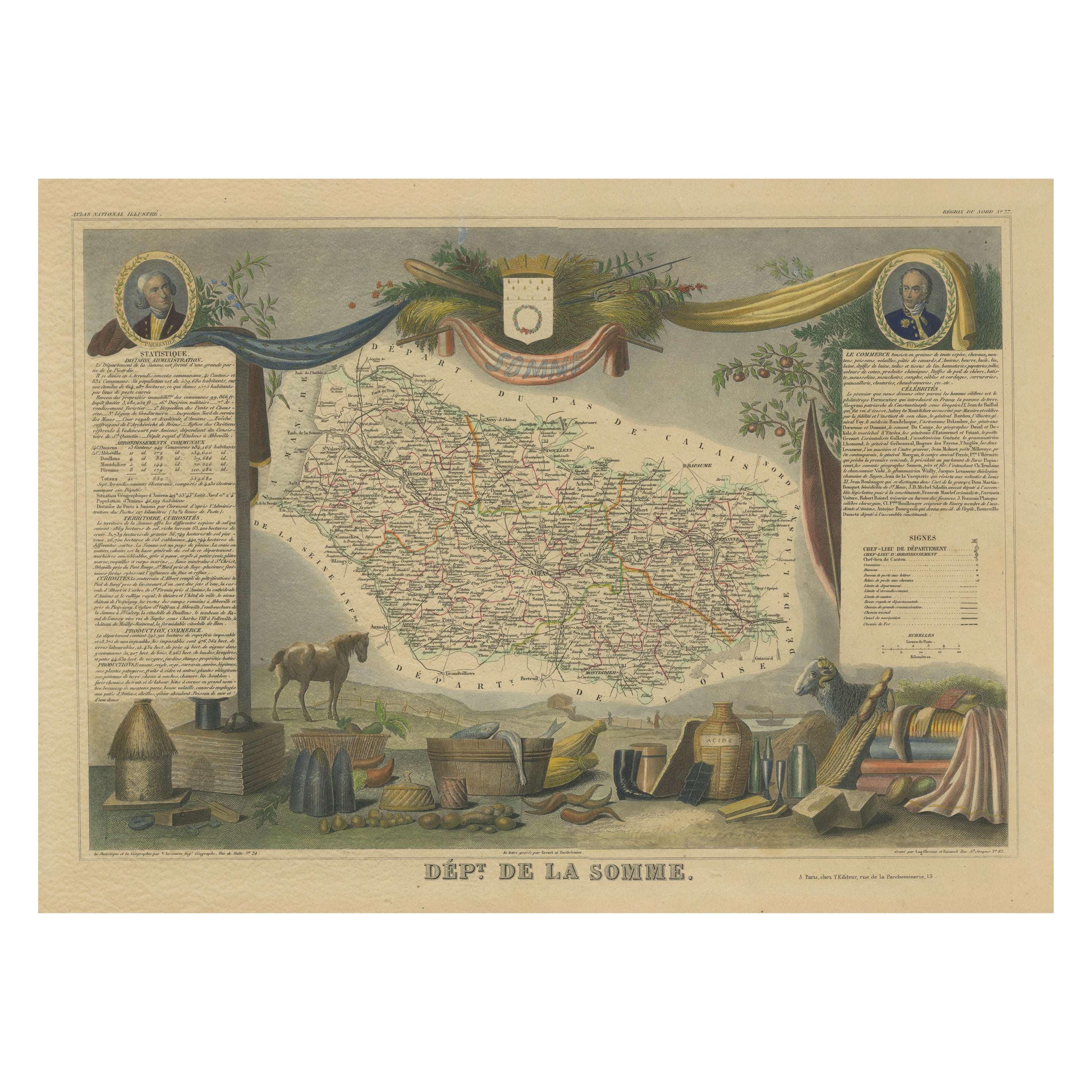 Hand Colored Antique Map of the department of Somme, France