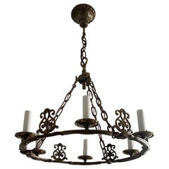 French Art Deco Ring Shaped Six-Light Chandelier of Old Bronze, 1930s