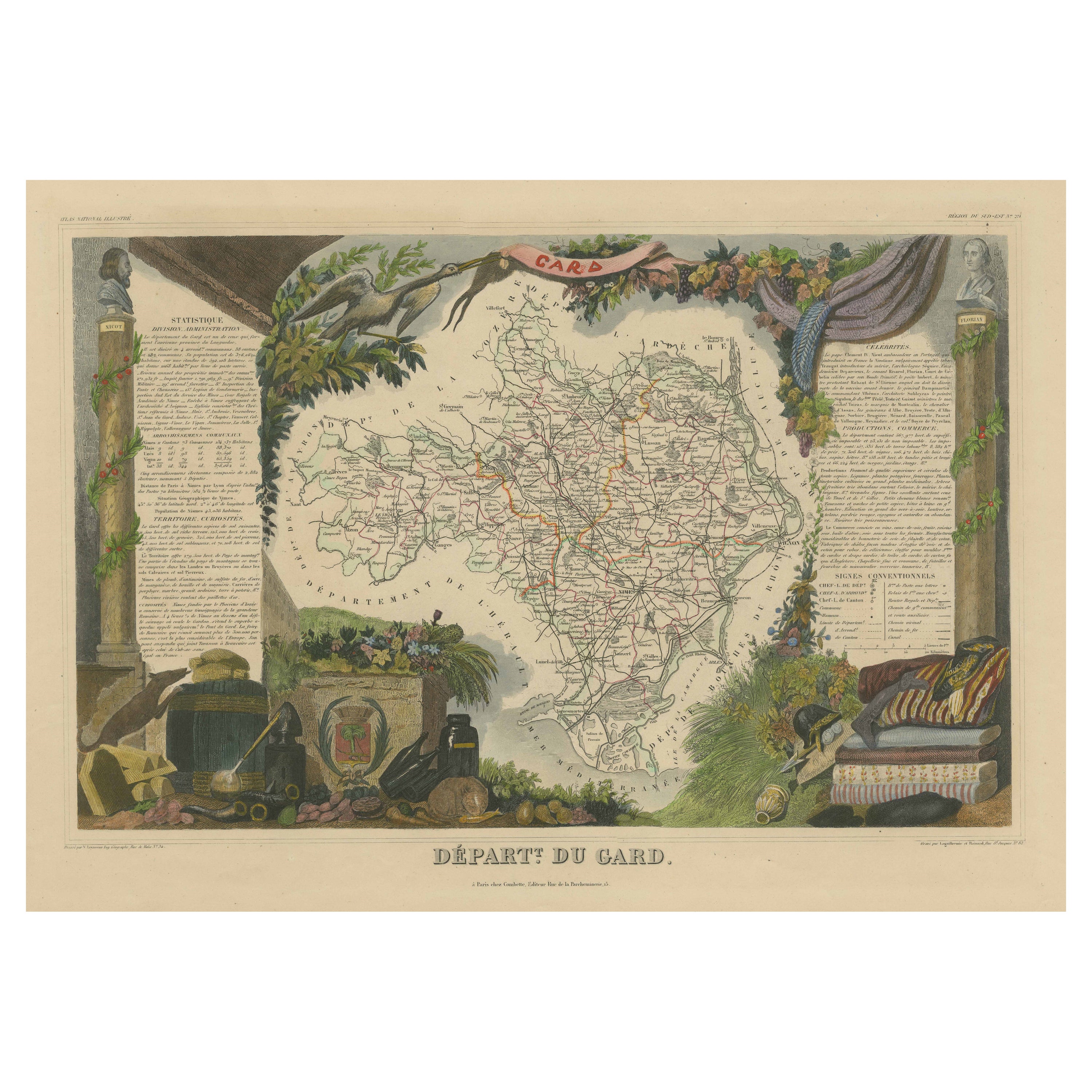 Mapa Antiguo Coloreado a Mano del Departamento de Gard, Francia en venta
