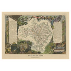 Mappa antica colorata a mano del Dipartimento del Gard, Francia