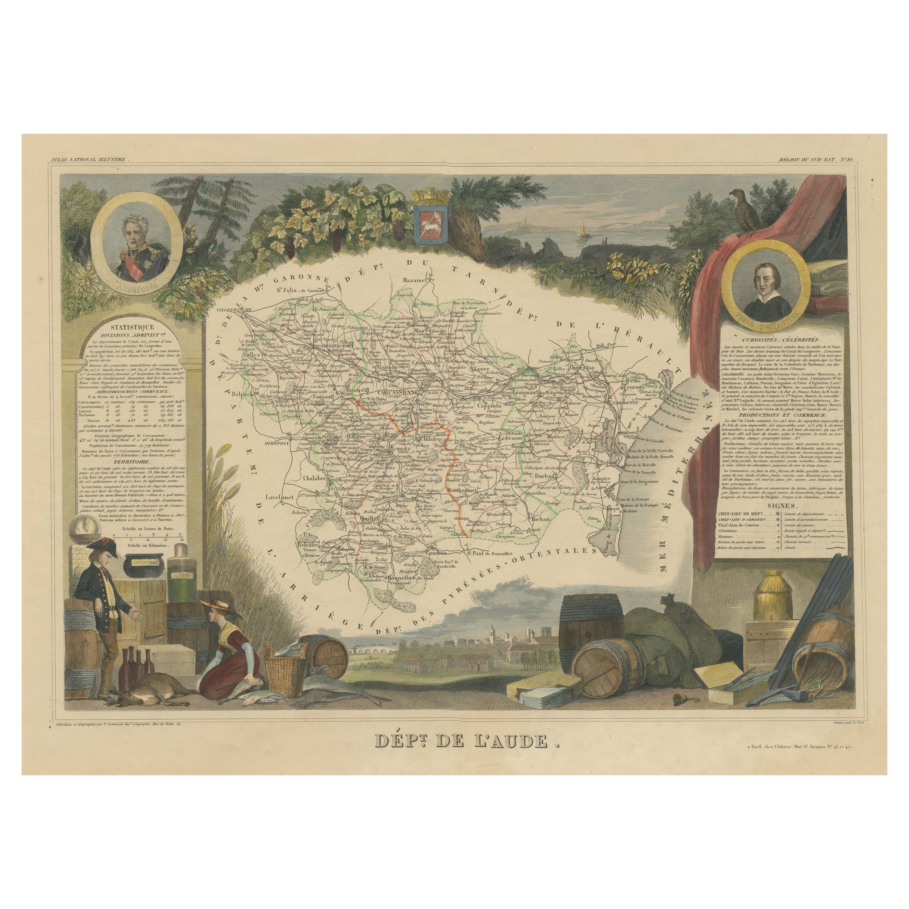 Carte ancienne colorée à la main du département d'Aude, France