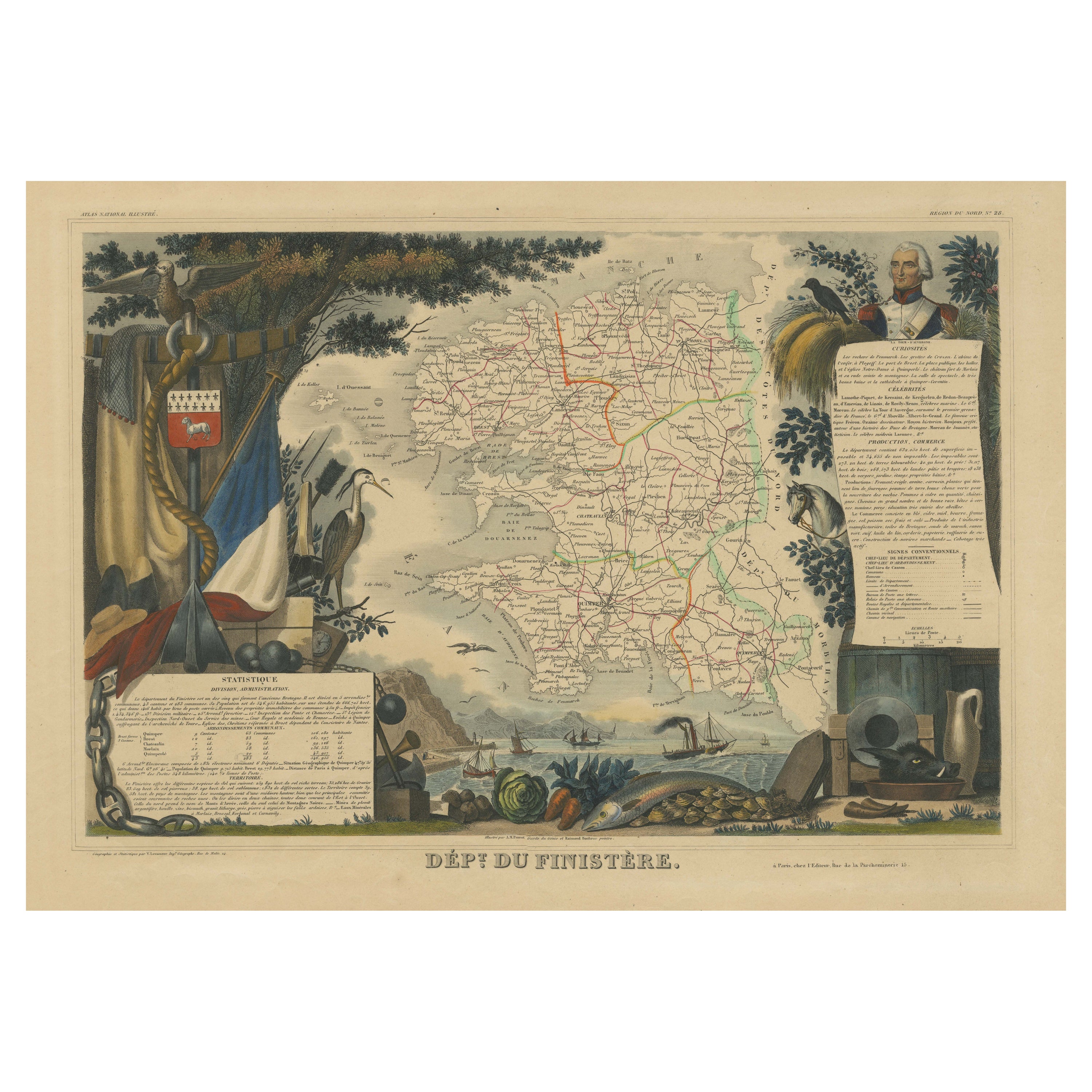 Hand Colored Antique Map of the department of Finistère, France For Sale