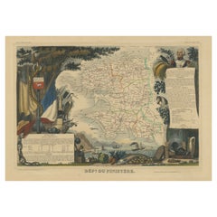 Carte ancienne coloriée à la main du département du Finistère, France