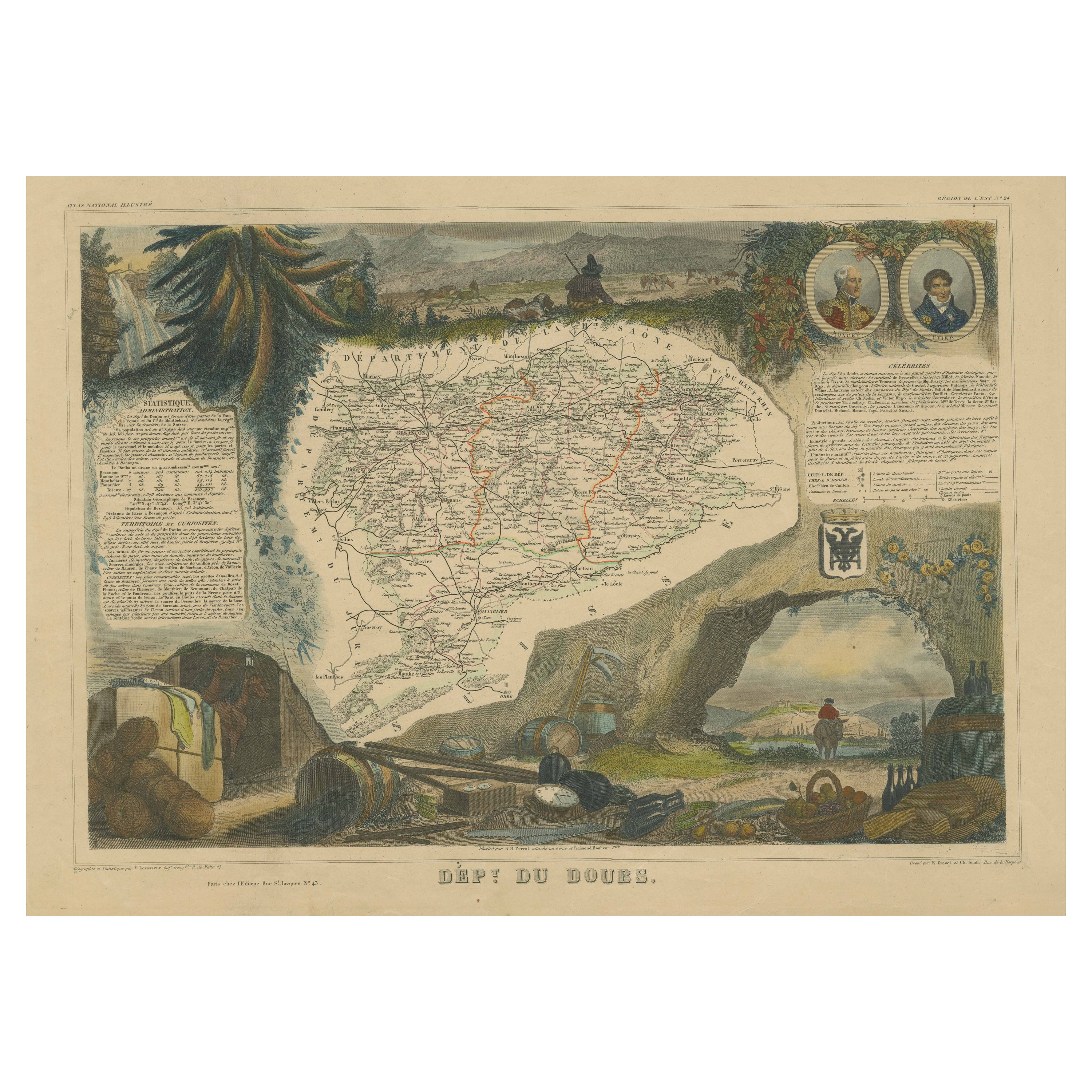 Handkolorierte antike Karte des Departements Doubs, Frankreich im Angebot