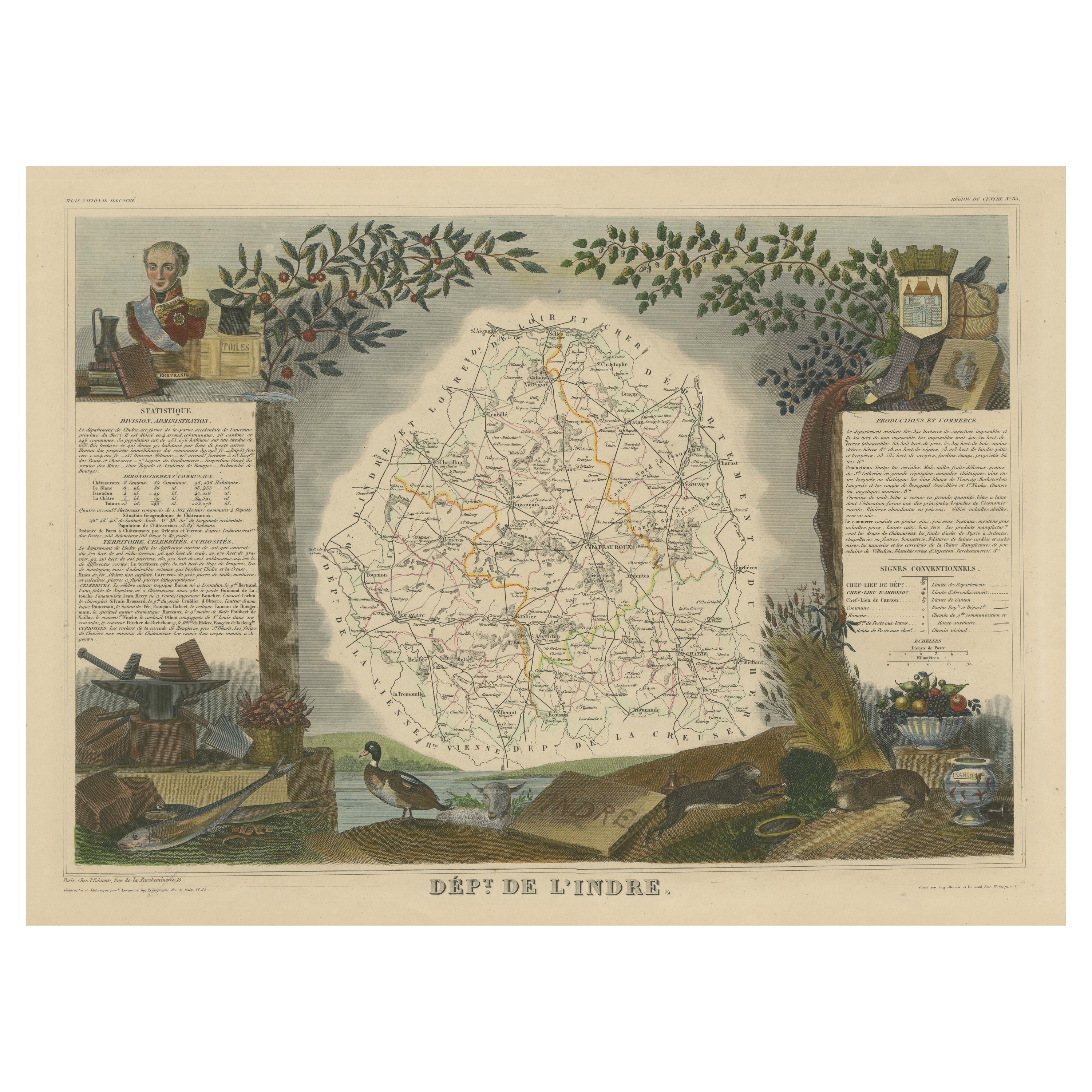 Ancienne carte du département français de l'Indre, France