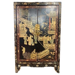 Small Chinese Black Lacquered Wardrobe 19th Century