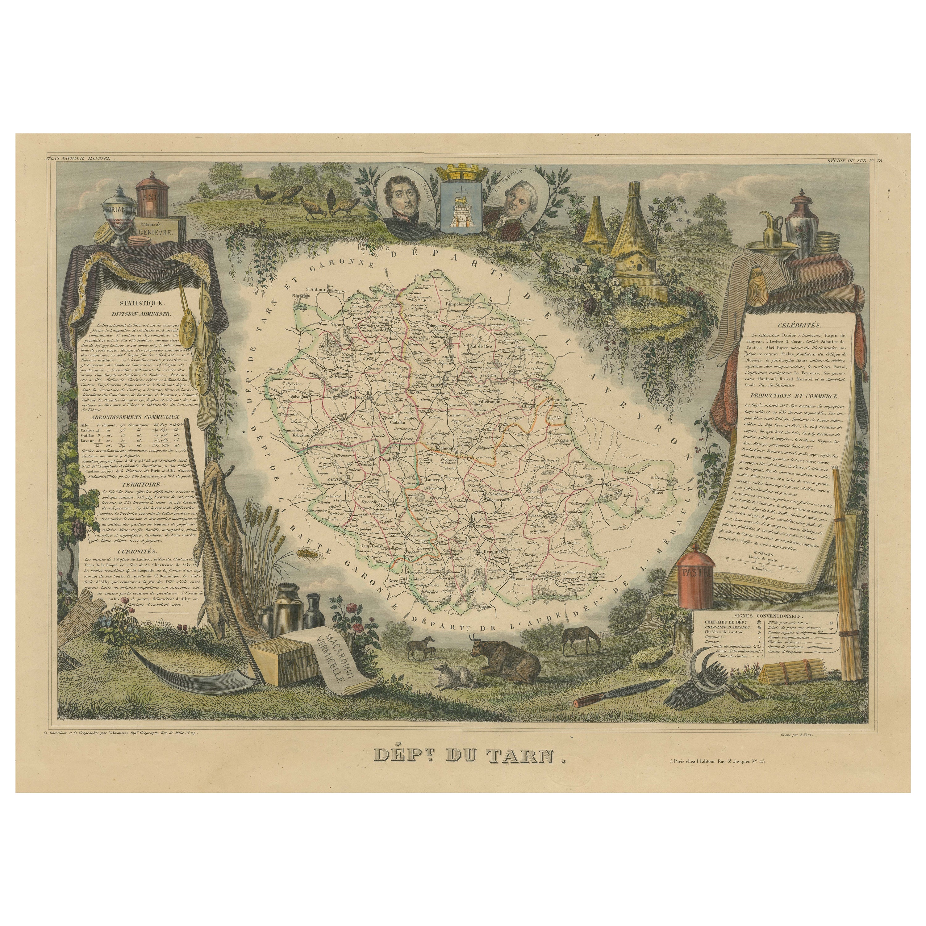Ancienne carte du département français de la Tarn, France en vente