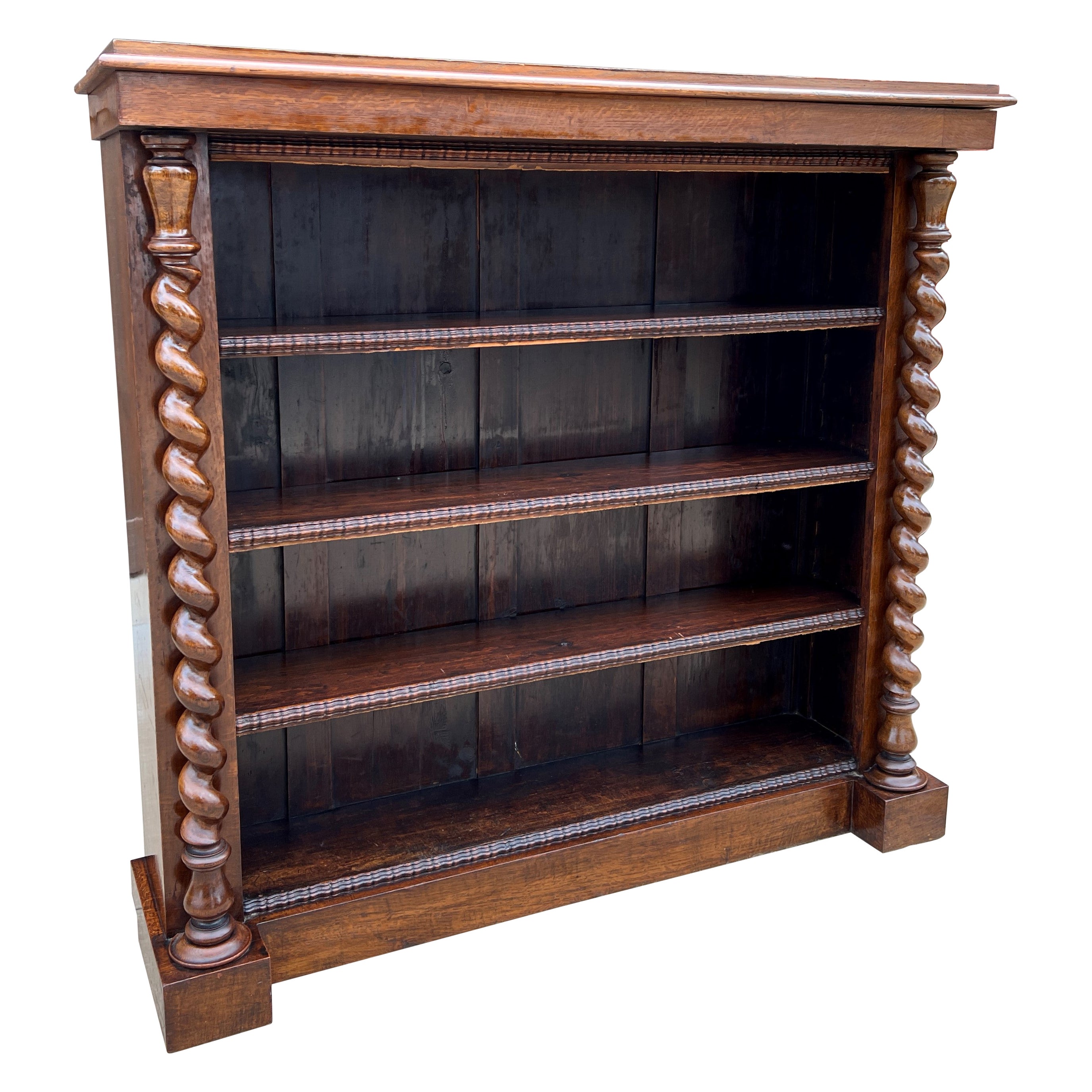 Antique English Bookcase Display Shelf Cabinet Barley Twist Oak C. 1920s For Sale