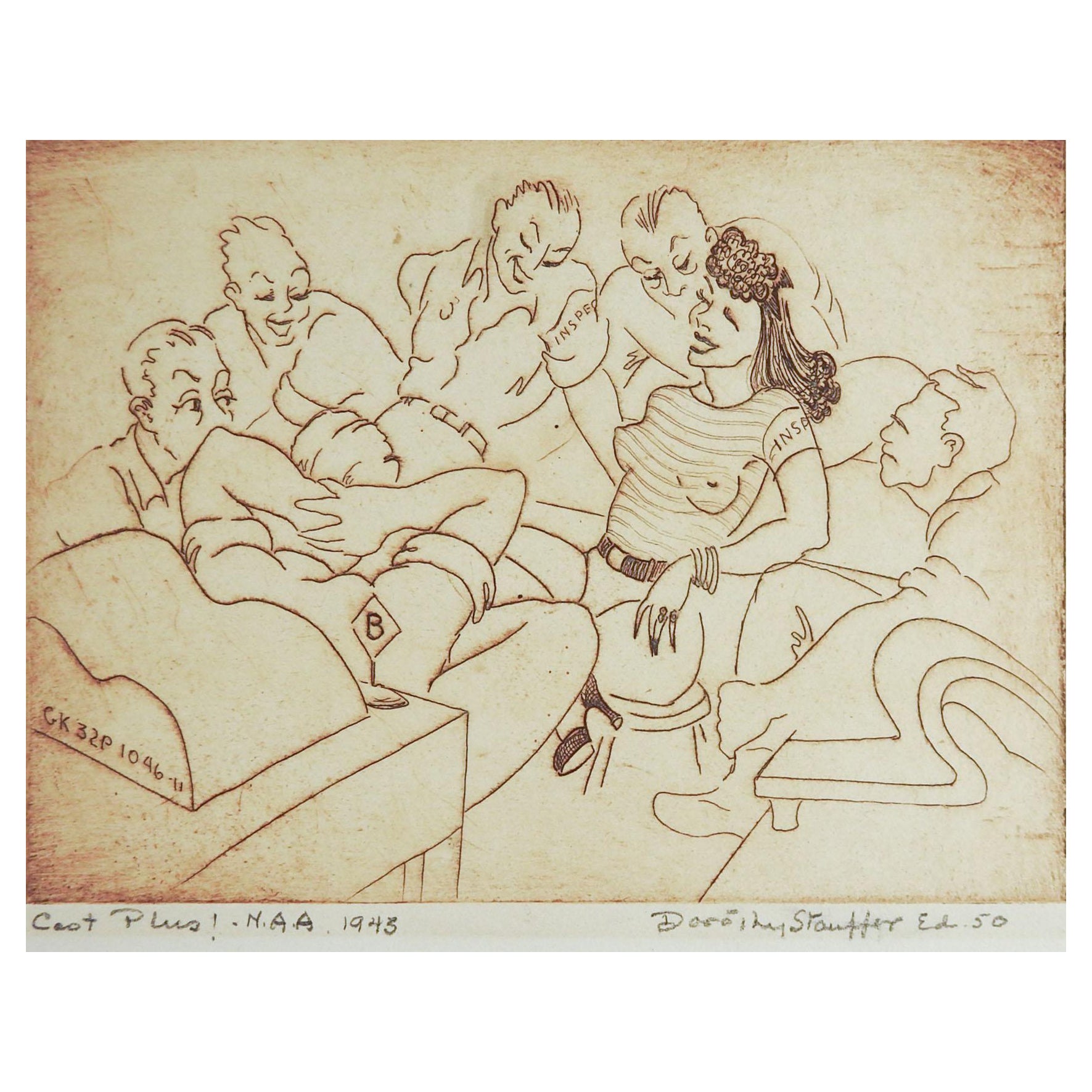 Gravure vintage Dorothy Stauffer style WPA de 1943 en vente