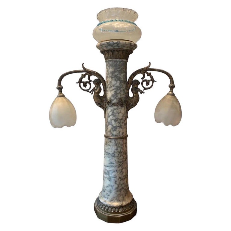 19th Century Antique Lamp Marble Alabaster Bronze Angels For Sale at