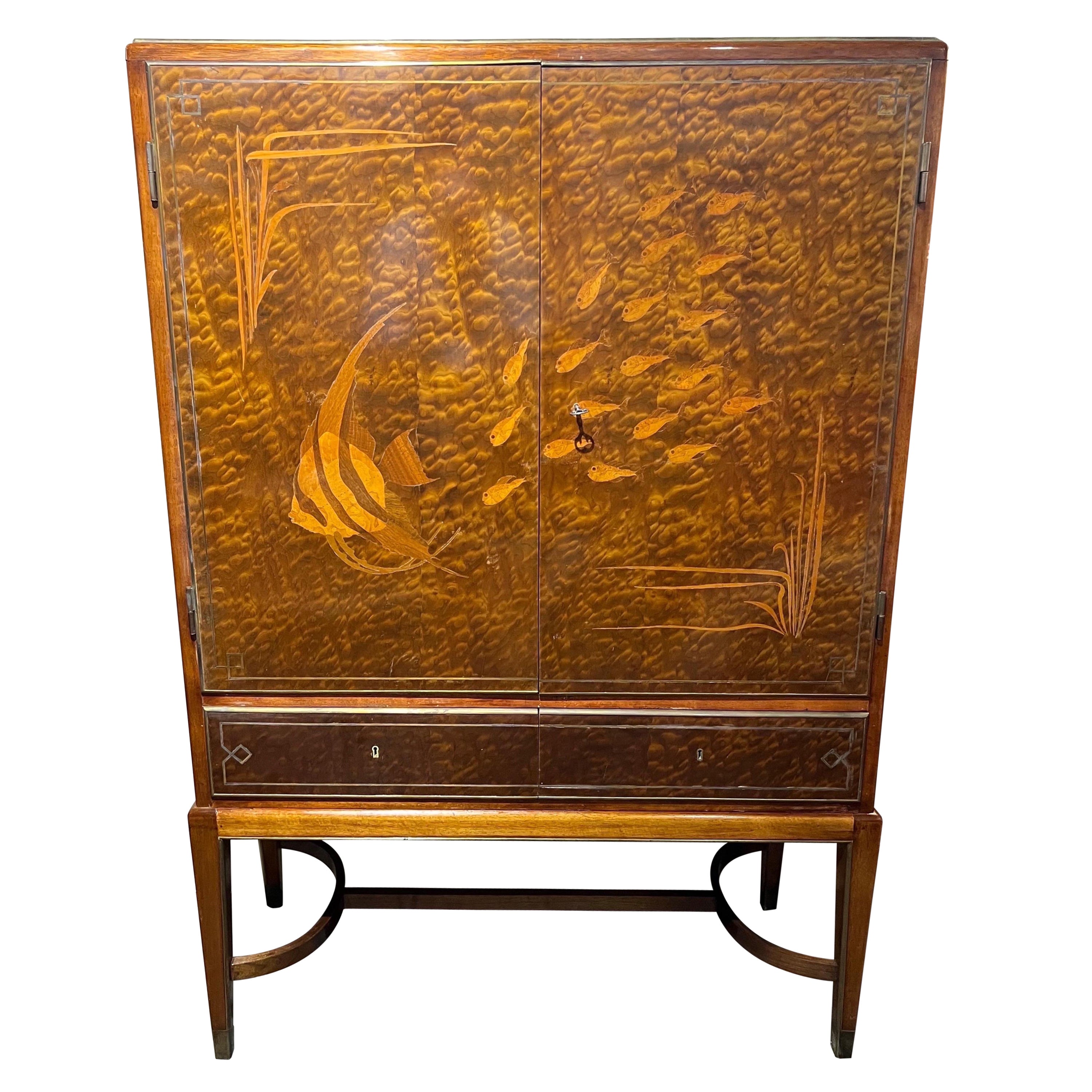 Spectacular French Art Deco Brass Mounted Fish Inlaid Bar Cabinet with Drawers For Sale