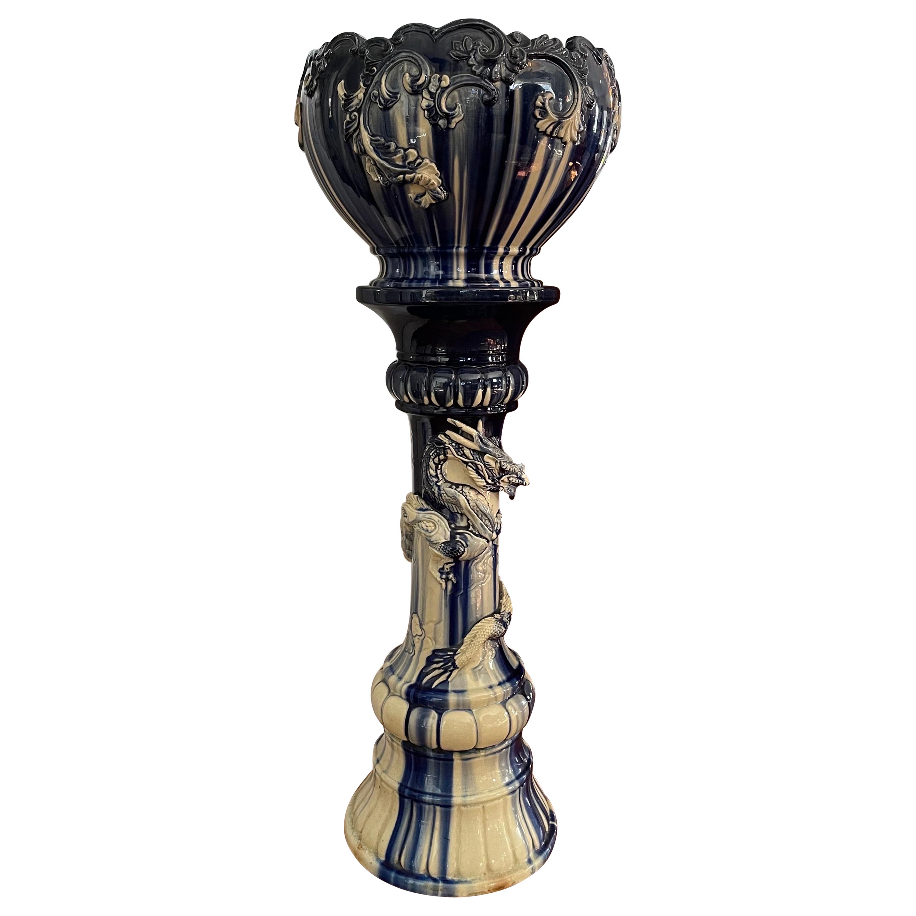 Blue and White Majolica Urn on Dragon Stand For Sale