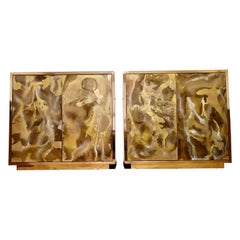 Pair of Back Hand-Painted Glass Cupboards Marbled Effect with Brass Frame, 1980s
