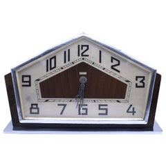 Art Deco Stylish Geometric Chrome / Oak 8 Day Mantle Clock, France, c1930's