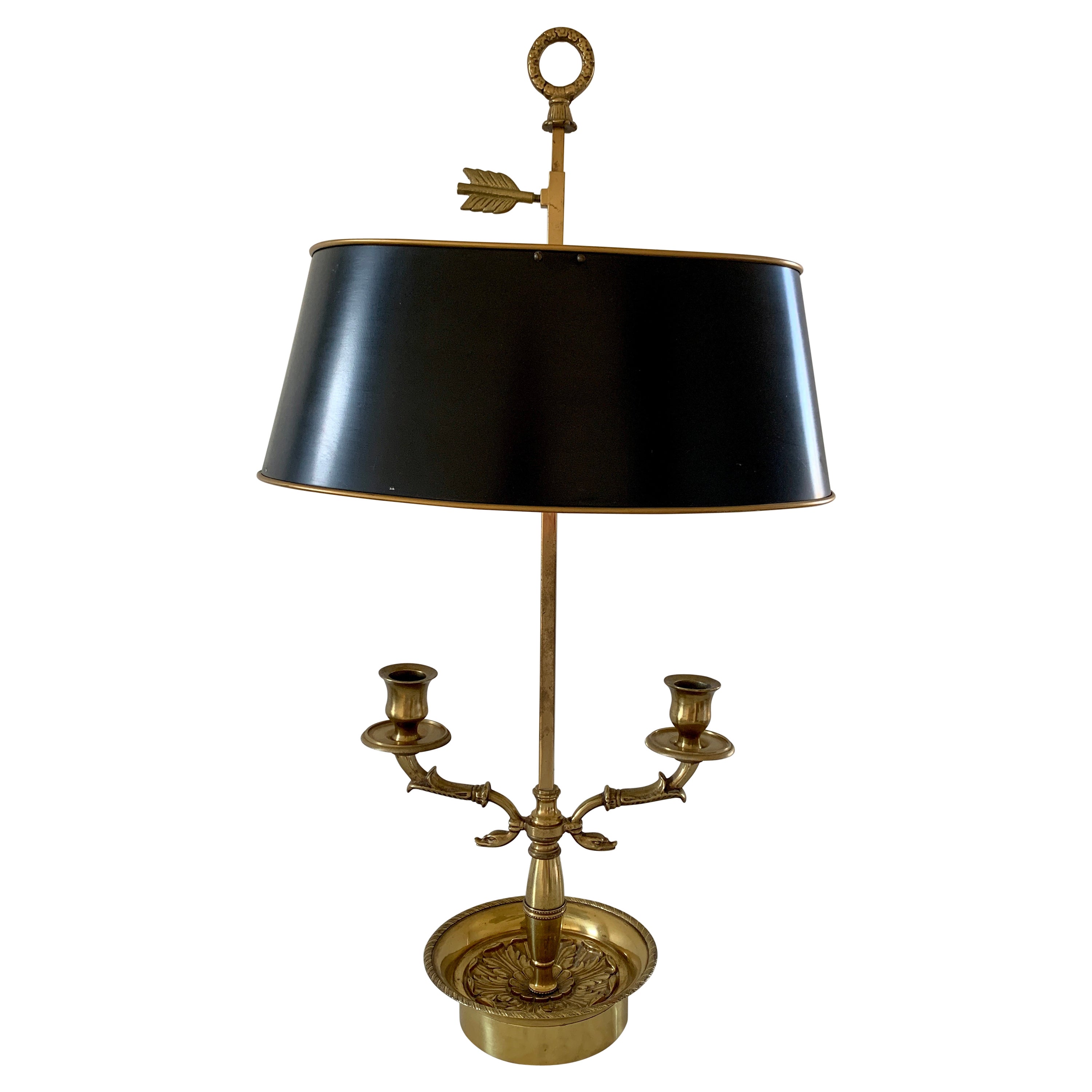 Mid-20th Century Brass Bouillotte Double Dolphin Lamp With Black Tole Shade For Sale