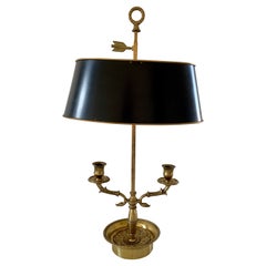 Vintage Mid-20th Century Brass Bouillotte Double Dolphin Lamp With Black Tole Shade