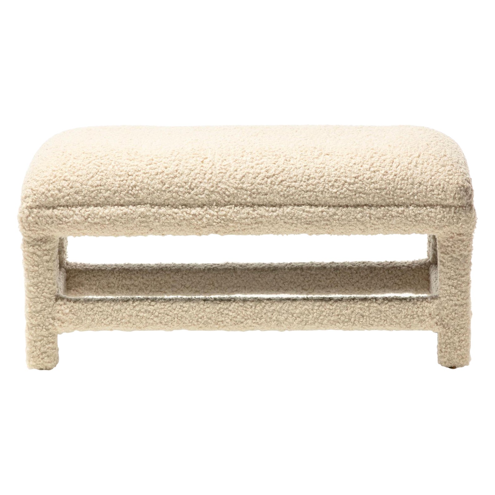 Post Modern Milo Baughman Parsons Style Bench in Ivory White Bouclé, circa 1980s For Sale