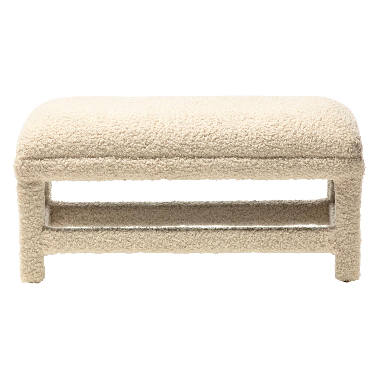 Post Modern Milo Baughman Parsons Style Bench in Ivory White Bouclé, circa 1980s