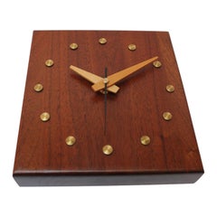 Vintage Modernist Walnut and Brass Square Wall Clock