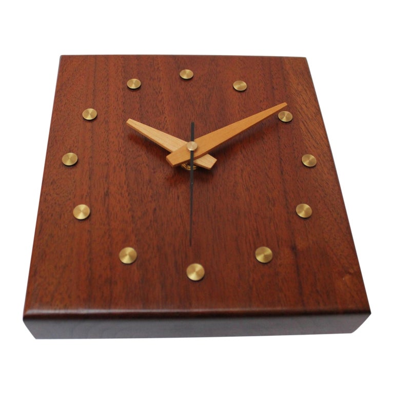 Modernist Walnut and Brass Square Wall Clock For Sale at 1stDibs