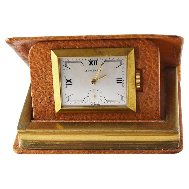Juvenia New Old Stock Leather Bound "Book Clock" for a Desk 1930's For Sale