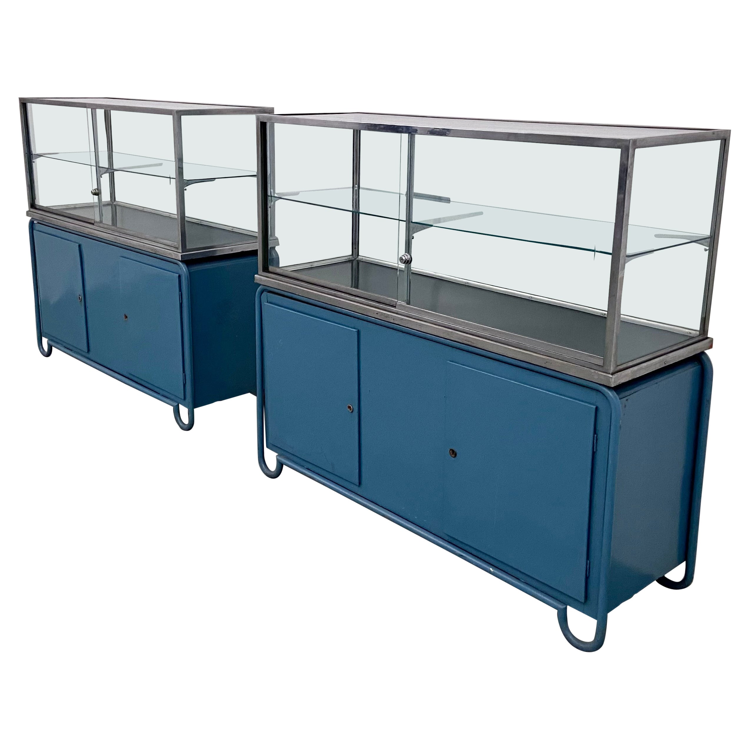 Set of 2 'Fiera Milano' Display Cabinets in Glass, Steel and Wood, Italy, 1950s For Sale