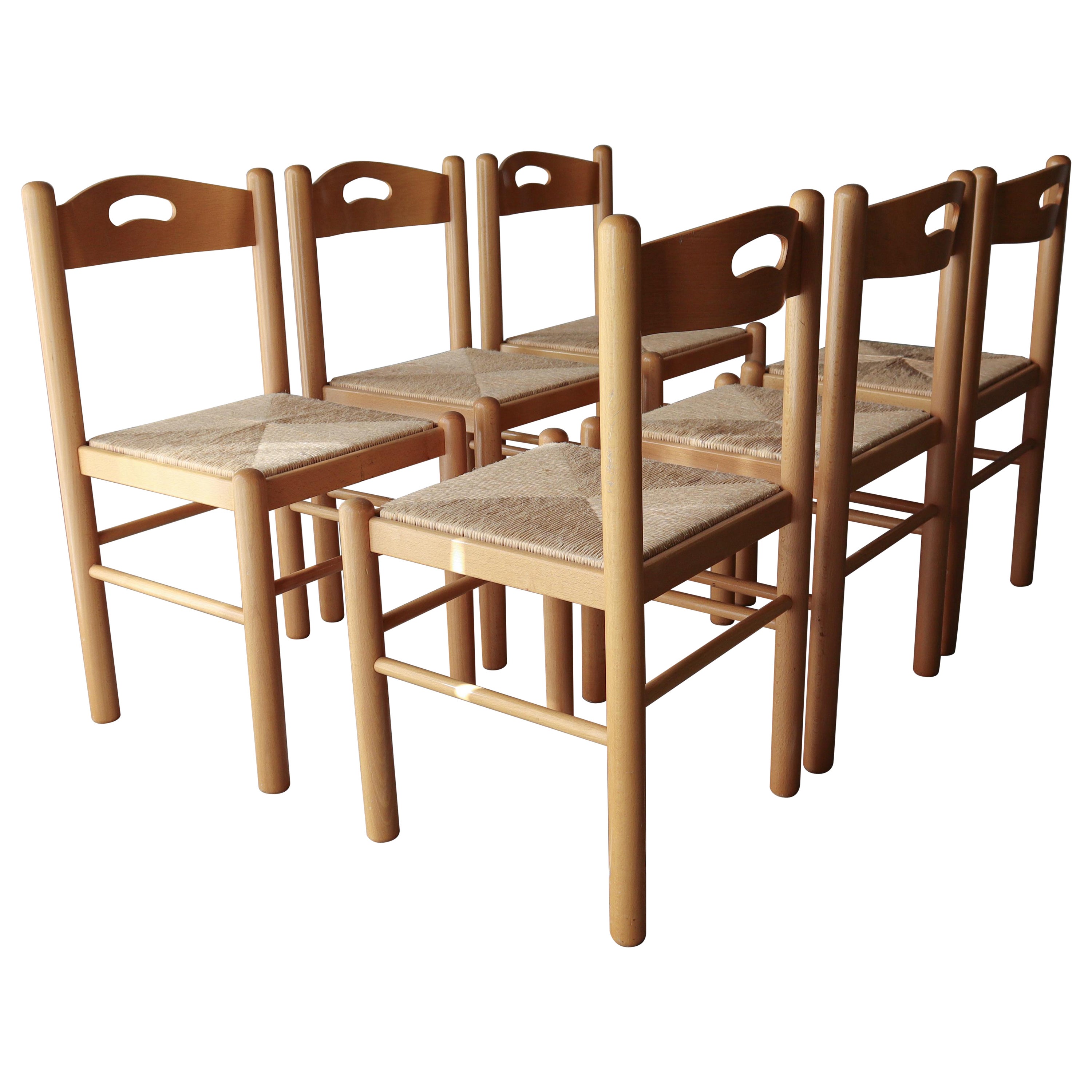 Set of 6 Italian Oak and Rush Dining Chairs For Sale at 1stDibs