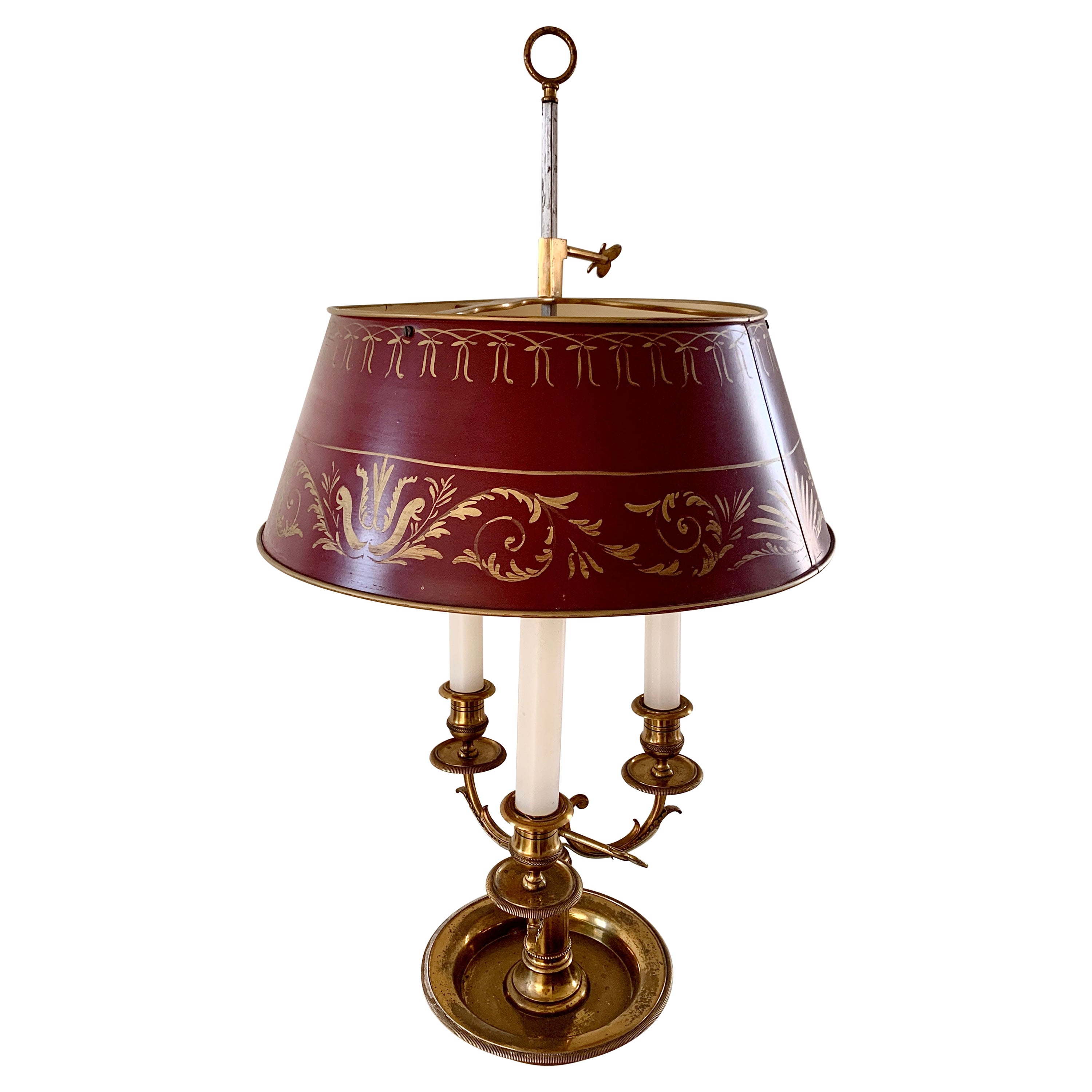 Mid-20th Century Brass Three-Arm Bouillotte Lamp With Red Tole Shade
