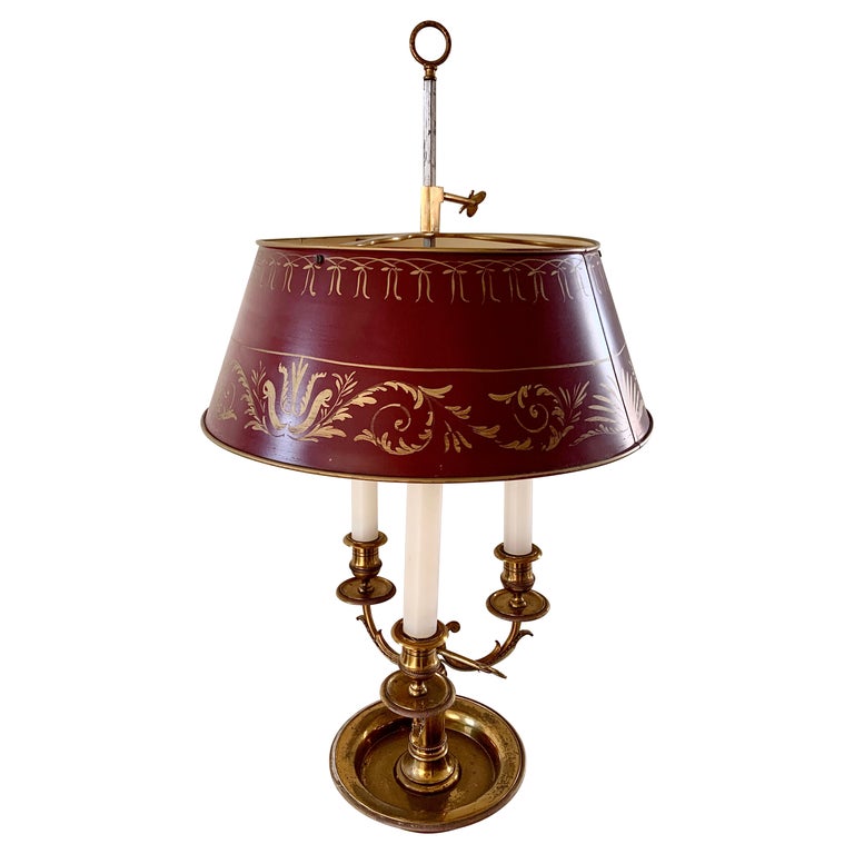 Mid-20th Century Brass Three-Arm Bouillotte Lamp With Red Tole