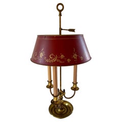 Mid-20th Century Brass Three-Arm Bouillotte Lamp with Red Tole Shade