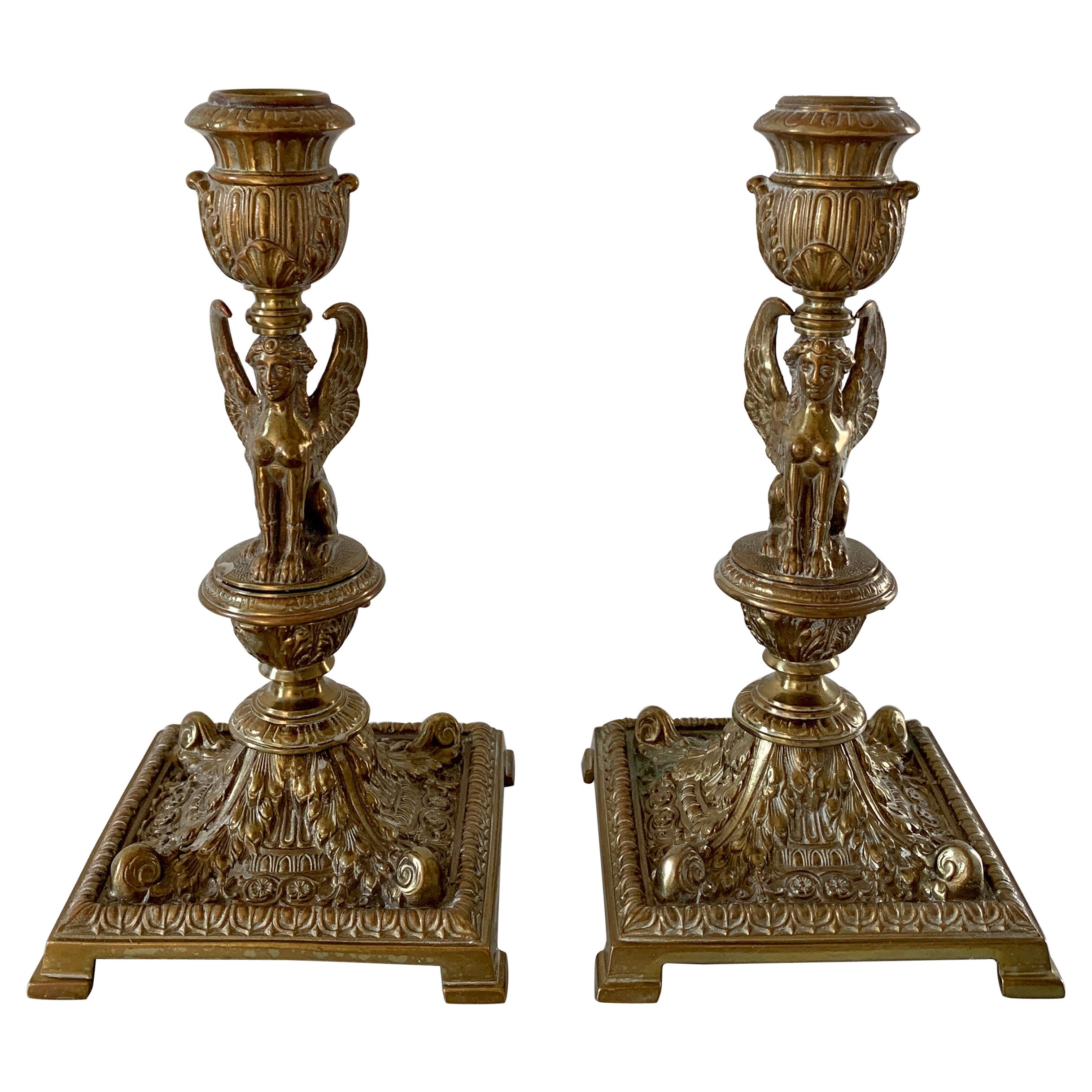 19th Century Egyptian Revival Gilt Bronze Sphinx Candlestick Holders, Pair For Sale