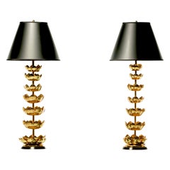 Retro Pair of Hollywood Regency Tall Brass Lotus Lamps by Feldman Lighting circa 1960s